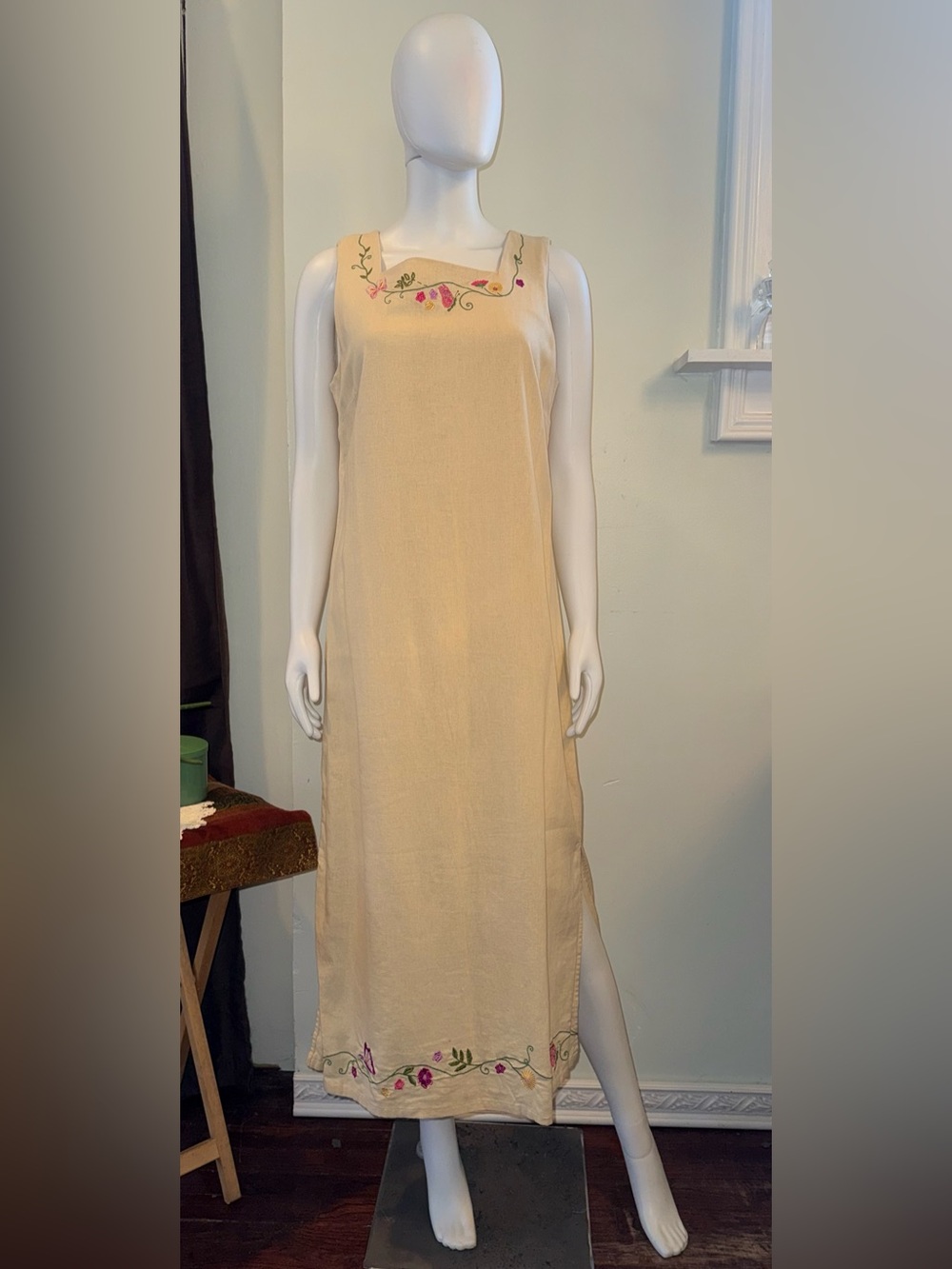 Embroidered Cream Maxi Dress with Square Neck